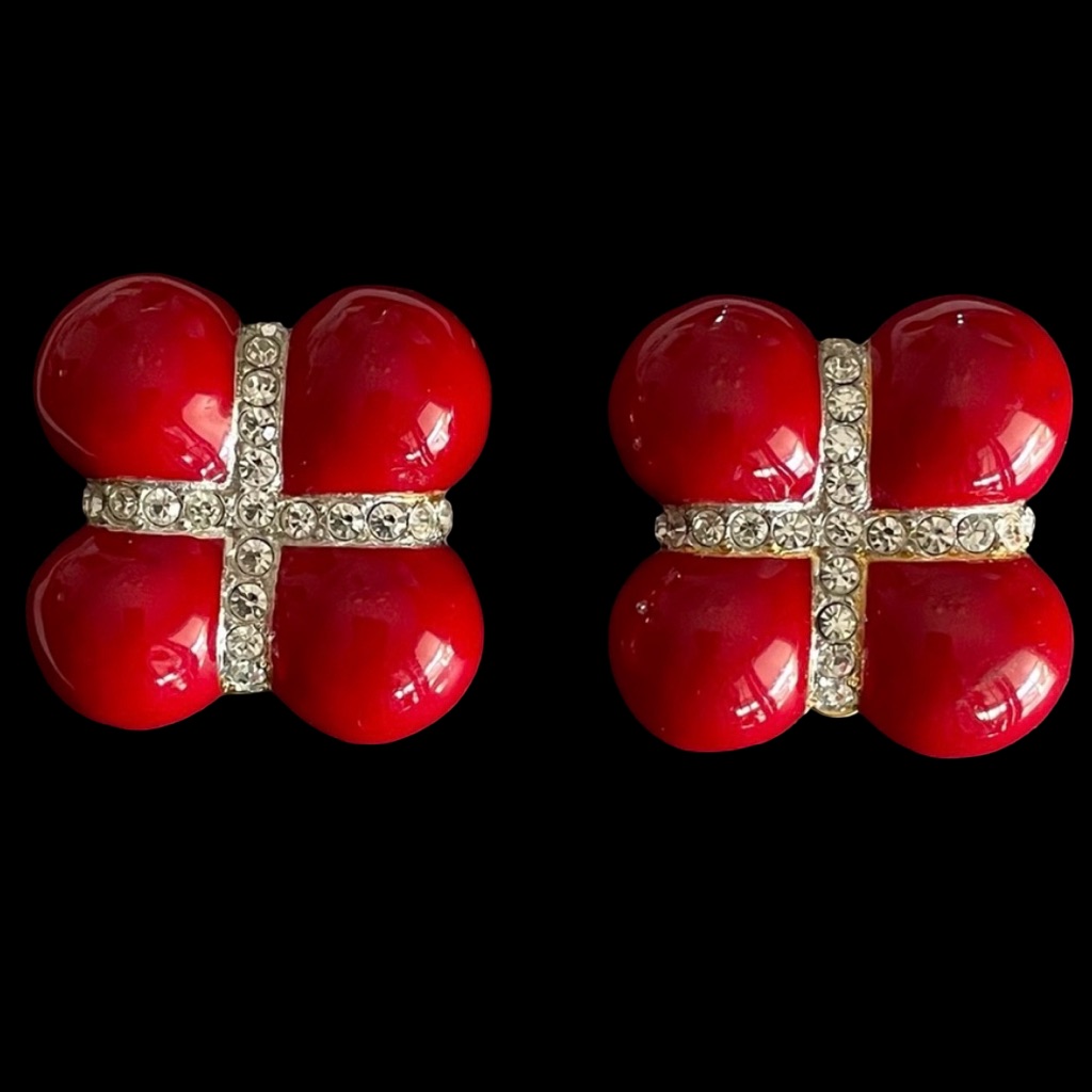 Vintage 80s Signed Essex Clip On Earrings Red Lucite And White Rhinestones